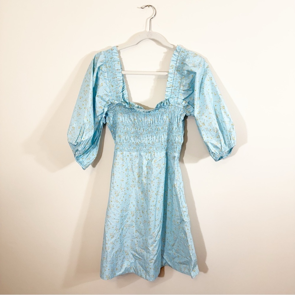 NWT GANNI Corydalis Floral Smocked Puff Sleeve Mini Dress Size 6 - Picture 3 of 8